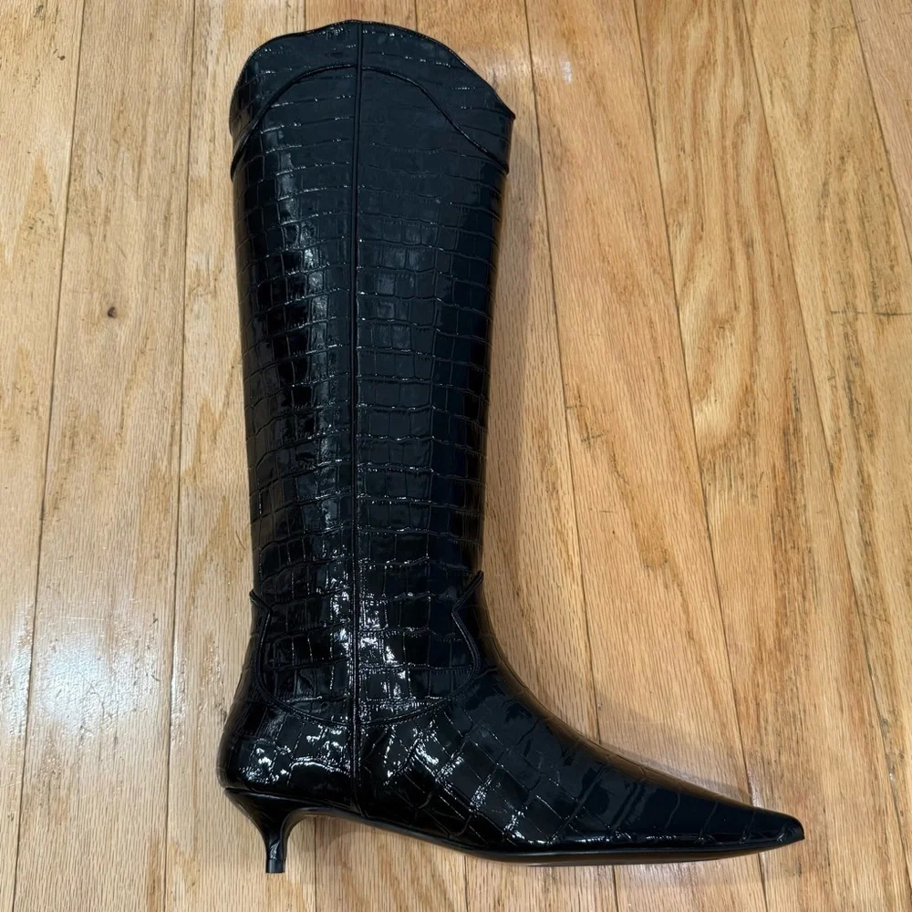 Anine Bing Black Croc-Embossed Knee-High Boots size 38